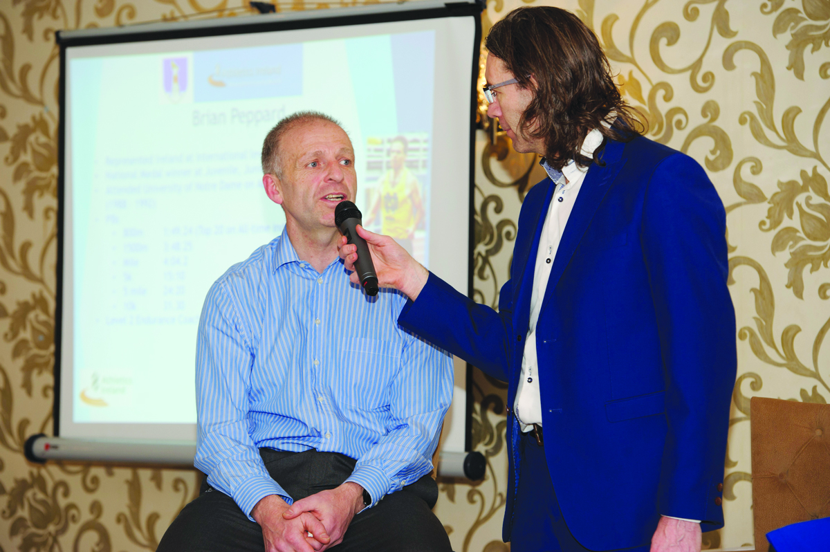 Guest speaker at the Monaghan County Athletics Board Awards night, Brian Peppard, left, speaking with Aidan Campbell, during the event. Â©Rory Geary/The Northern Standard