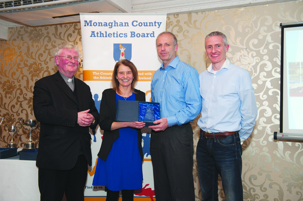 At the presentation to Rose Lambe, Carrick Aces, were (L-R) Fr Paudge Corrigan, Rose Lambe, Brian Peppard and Alan Clarke, Chairman of the Monaghan County Athletics Board. Â©Rory Geary/The Northern Standard