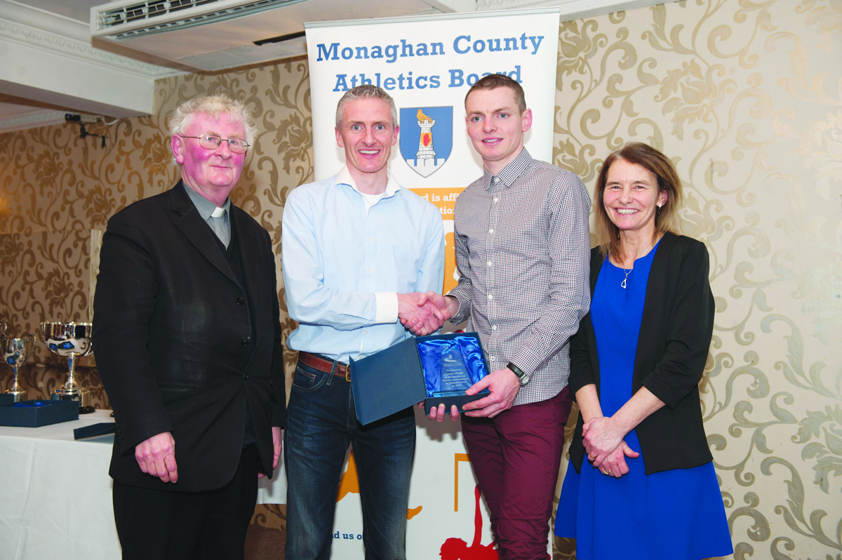 At the presentation to Conor Duffy, Glaslough Harriers,  were (L-R) Fr Paudge Corrigan, Alan Clarke, Chairman of the Monaghan County Athletics Board, Conor Duffy and Rose Lambe. Â©Rory Geary/The Northern Standard