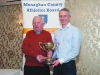 Patsy Kelly, left, making the presentation of the Cup for the 40-50 Mens Road League to winner, Alan Clarke, Blayney Rockets. Â©Rory Geary/The Northern Standard