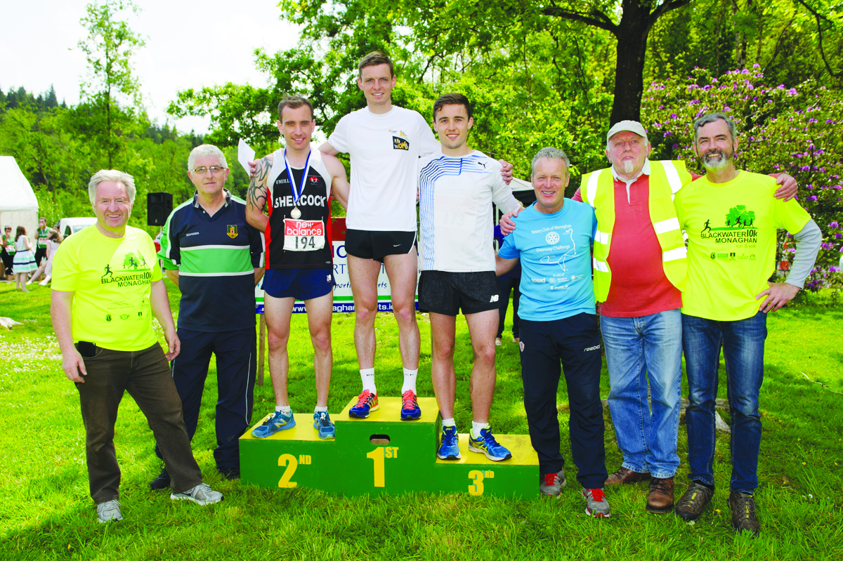 At the presentation of the prizes to the mens winners of the Blackwater 10k were (L-R) Eamon Hackett, Jerome Savage, Paul Magee, Shercock AC, 2nd, Conor Duffy, Glaslough Harriers, 1st, James Treanor, Shercock AC, 3rd, Peter McKenna, Michael McCarthy, Monaghan Mens Shed and Sean Conlon. Â©Rory Geary/The Northern Standard