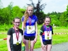 Winner of the ladies 3k Sarah Glynn, centre, Monaghan Phoenix AC, with Yasmin O'Leary, 2nd and Amy Jo Kearns, right, Oriel 3rd. Â©Rory Geary/The Northern Standard