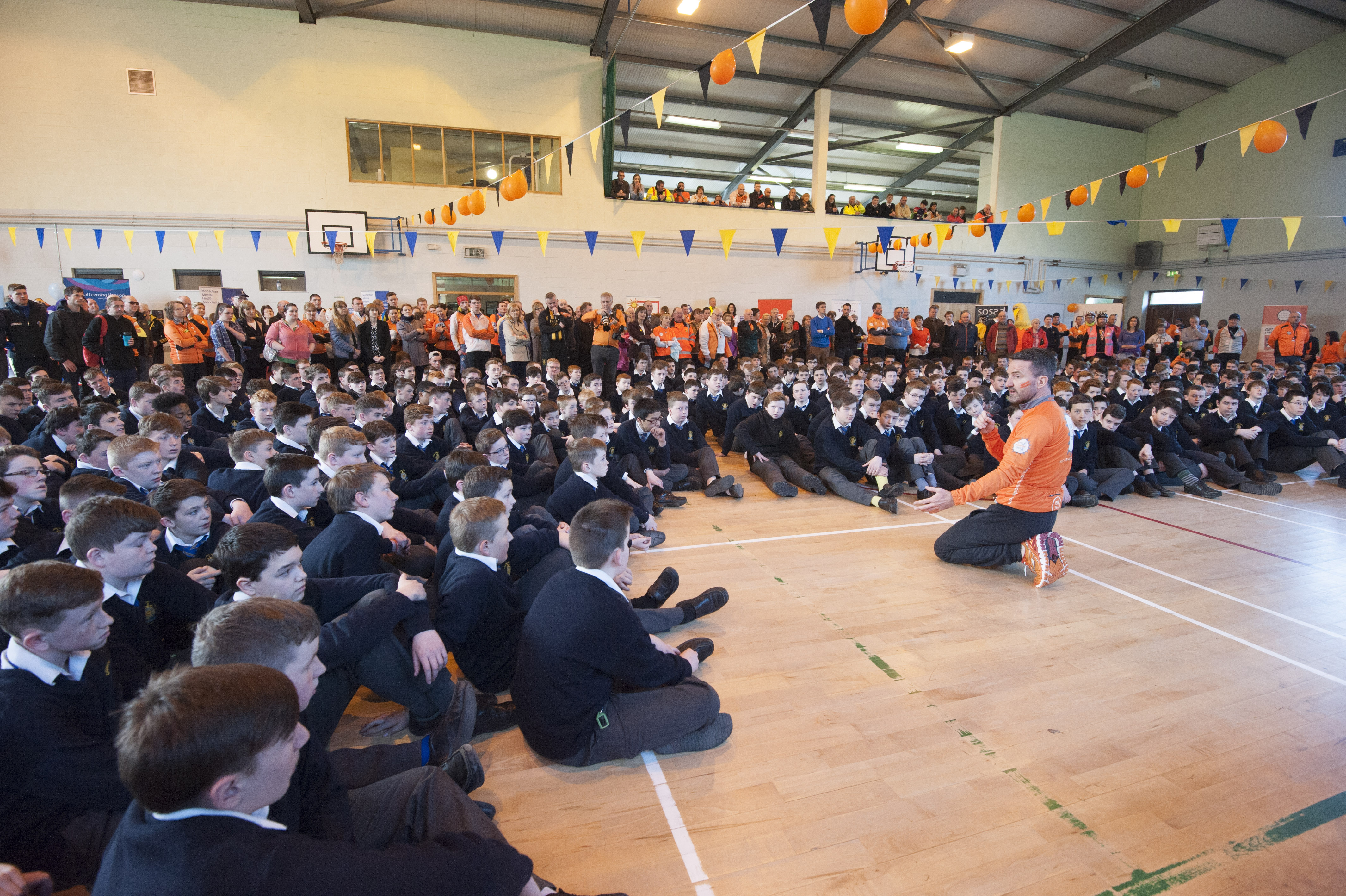 Cycle Against Suicide founder Jim Breen, speaking to the students from St Macartan's College and some of the cyclists before the set off from Monaghan on Tuesday. Â©Rory Geary/The Northern Standard