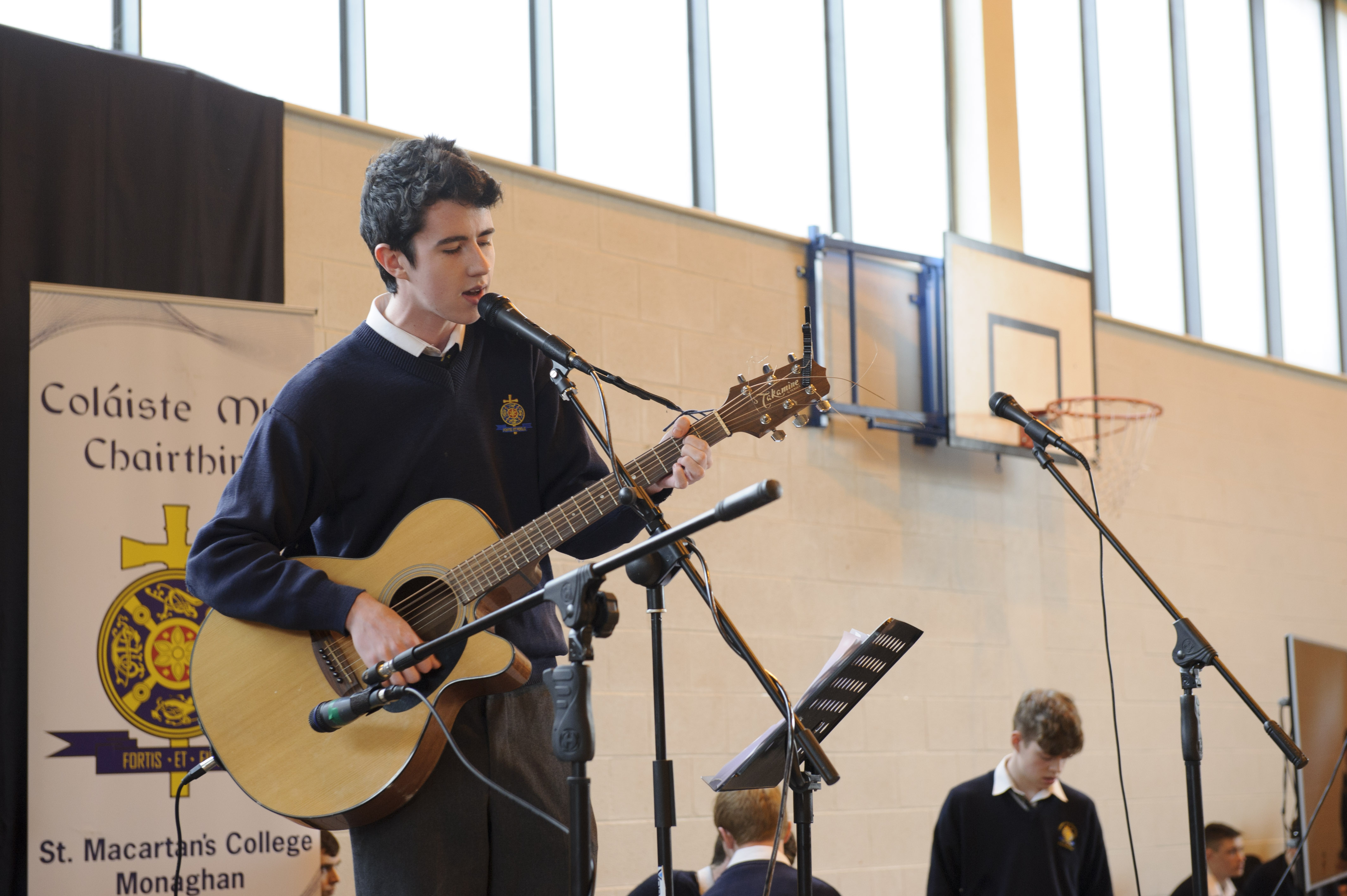 Fintan Treanor singing at the Cycle Against Suicide event at St Macartan's College on Tuesday morning. Â©Rory Geary/The Northern Standard