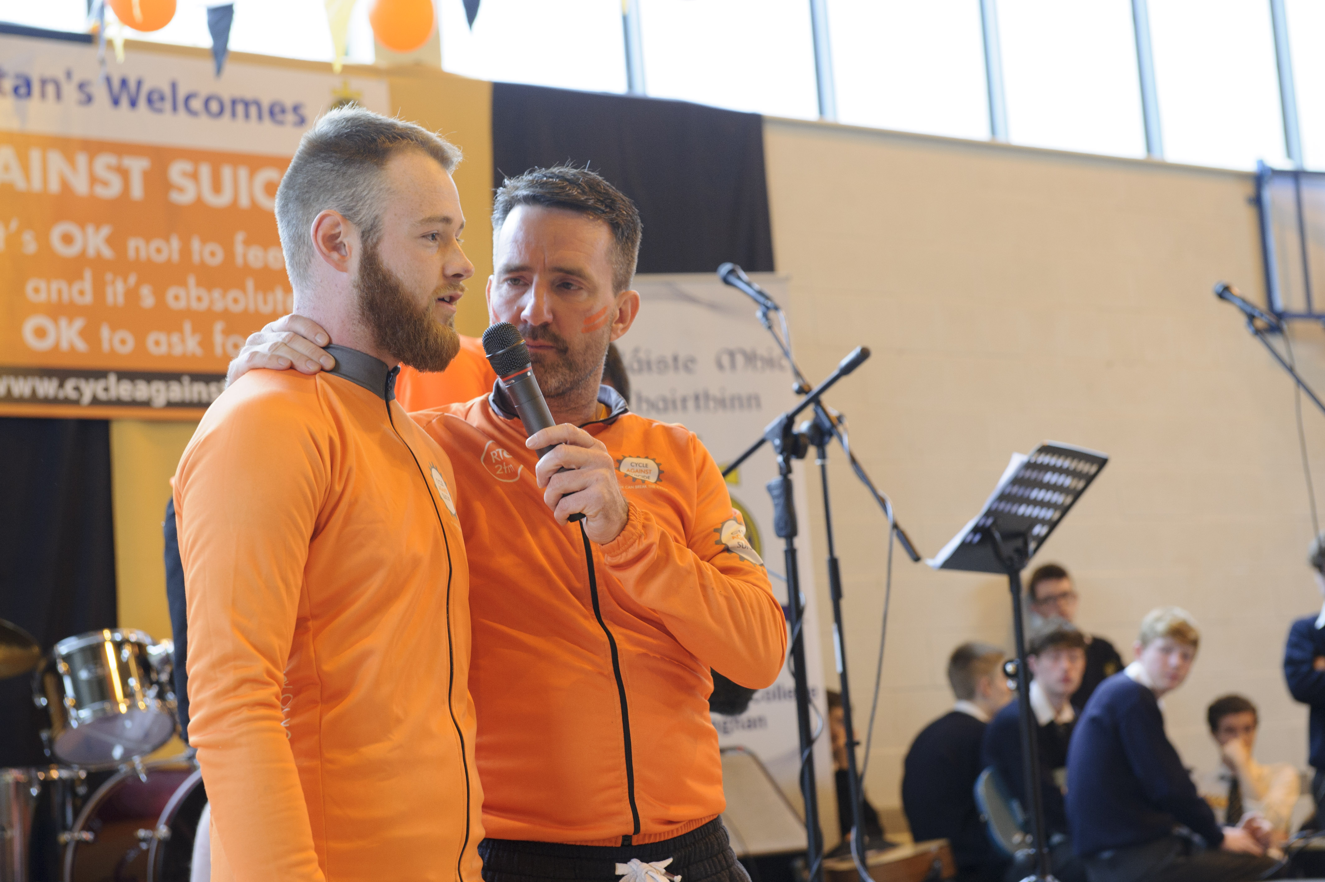 Craig Hill, left, speaking at the Cycle Against Suicide about suicide with founder Jim Breen. Â©Rory Geary/The Northern Standard