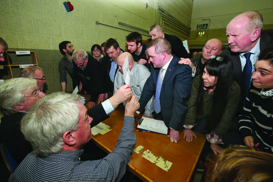 Checking the spoilt votes at the Cavan-Monaghan Count Centre on Saturday last.  Pic.  Pat Byrne.