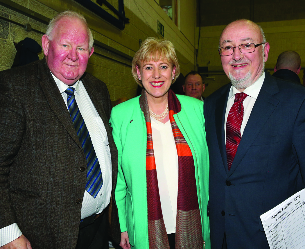 Former Fine Gael TD Seymour Crawford with re-elected TD's for Cavan-Monaghan Heather Humphreys and CaoimhghÃ­n Ã CaolÃ¡in at the Cavan-Monaghan Count Centre on Saturday evening last.  Pic.  Pat Byrne.