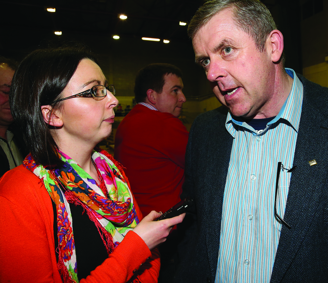 Cianna McNally Northern Standard journalist interviewing Padraig McNally at the Cavan-Monaghan Count Centre.  Pic.  Pat Byrne.