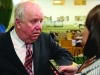 Cianna McNally Northern Standard journalist interviewing Joe O'Reilly Fine Gael at the Cavan-Monaghan Count Centre on Sunday last.  Pic.  Pat Byrne.