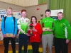 Kate Brennan, making the presentation of the Gene Connolly Cup  for Junior Men 5k (L-R) Paul Peppard, 3rd Monaghan Phoenix AC, Sean Husband, Monaghan Phoenix AC winner, Kate Brennan, Peter Gracey, Beechmount Harriers 2nd and Brian Finn, chairman, Glaslough Harriers. Â©Rory Geary/The Northern Standard