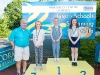 The winners of the 7-8 Girls Front Crawl, with Norman Griffin. Â©Rory Geary/The Northern Standard