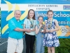 Norman Griffin, Monaghan Leisure Complex, making the presentation of the Best Girl Award at the Inter-Schools Gala to joint winners (L-R) Susie O'Flagherty, Emma Sherlock and Ava Kelly. Â©Rory Geary/The Northern Standard