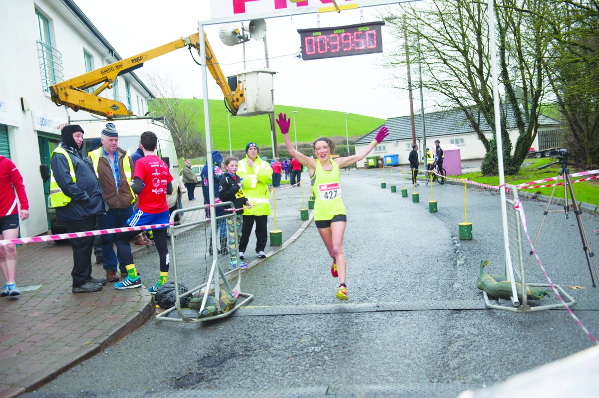 Barbara Murray, who was 3rd in the Ladies 10k crossing the finish line. Â©Rory Geary/The Northern Standard