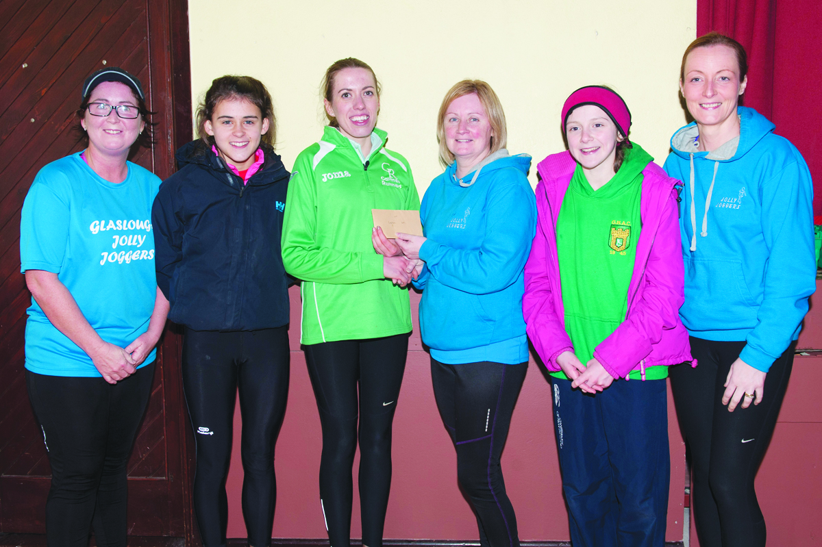 At the presentation of the prizes for the Ladies 6k were (L-R) Debbie McKnight, Glaslough Harriers Jolly Joggers, Jane Duffy, 2nd, Ciara Coyle, winner, Angela McQuaid, Glaslough Harriers Jolly Joggers, Emma Geary, 3rd and Noeleen McCrudden, Glaslough Harriers Jolly Joggers .Â©Rory Geary/The Northern Standard