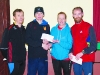 Kate McAree, Glaslough Harriers Jolly Joggers, making the presentation to Conor Duffy, Glaslough Harriers, winner of the Glaslough Harriers Jolly Joggers 10k. Also included are Patrick Cassidy, left, Glaslough Harriers, 3rd and Simon Ryan, 2nd, Raheny Shamrocks. Â©Rory Geary/The Northern Standard
