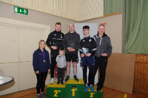 At the presentation of the Team Category prizes were (L-R) Caroline McAree, Francie McKenna and Liam Smith, runners-up, Sean McKenna, front, and Anthony O'Brien and Mark Skeath, winners. Â©Rory Geary/The Northern Standard