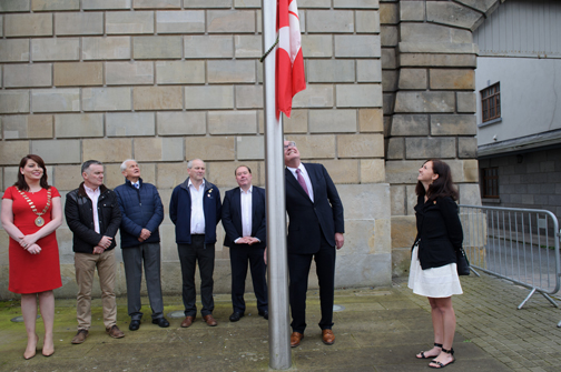 Canada's Ambassador to Ireland, Mr Kevin Vickers, raising the Canadian National Flag during the Monaghan Canada Day celebrations. Â©Rory Geary/The Northern Standard