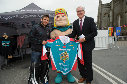 At the Monaghan Canada day celebrations was Canadian Ambassador to Ireland Kevin Vickers was Adam O'Keefe, coach / player with the Belfast Giants and their mascot Finn McCool. Â©Rory Geary/The Northern Standard