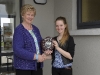 Marie Murphy, left, making the presentation of the Sinead Murphy Memorial Shield for the U-15 Piano Accordion to winner Dervla Tracey, Tullycorbet CCE. Dervla was also winner of the U-15 Piano competition. Â©Rory Geary/The Northern Standard