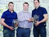 Fintan Clerkin, centre, making the presentation of the awards to winners of the Junior Class, Darren O'Brien, left and Damien Fleming. Â©Rory Geary/The Northern Standard
