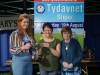 Tydavnet Show Queen Shauna McAree, left and President of Tydavnet Show, Mary Sherry, right, presenting Mairead Corr with the McKenna Kilrudden Cup for Wool Crochet. Â©Rory Geary/The Northern Standard
