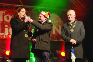 Cllr Cathy Bennett, Cathaoirleach of Monaghan County Council, speaking with Sean McCaffrey, at the Monaghan Town Christmas Lights Switch-On. Â©Rory Geary/The Northern Standard